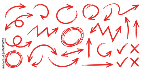 Various Hand Drawn Red Arrows, Circles, Checks and X Marks for Marking and Highlighting