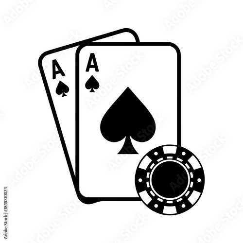 Ace of Spades and Two Aces Play Cards With Casino Chip Illustration
