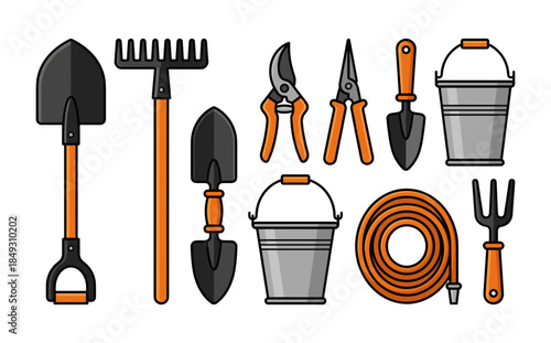 Gardening Tools Set with Spade, Rake, Shovel, Bucket, Pruner, Trowel, and Hose