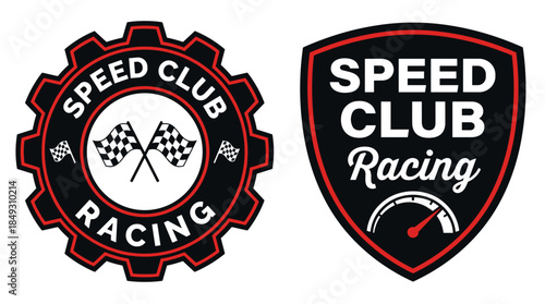 Speed Club Racing Emblems Featuring Checkered Flags, Gear Wheels, and Speedometer