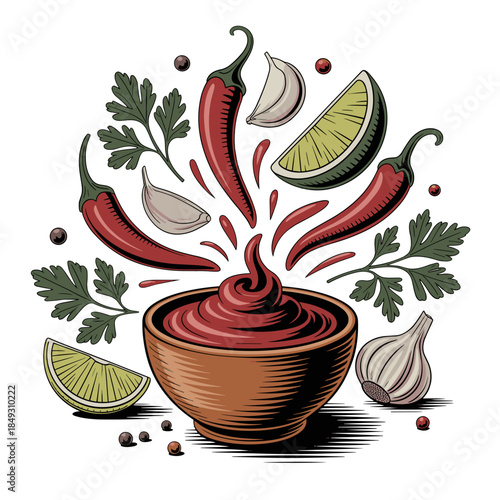 Spicy Chili Sauce in Bowl with Red Peppers, Lime, Parsley, and Garlic Illustration