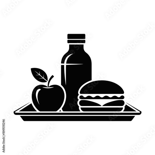 Black and White Illustration of a School Lunch Tray Featuring an Apple, Drink, and Burger