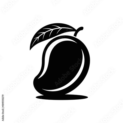 Black and White Silhouette of Mango Fruit with Leaf Illustration Icon on White
