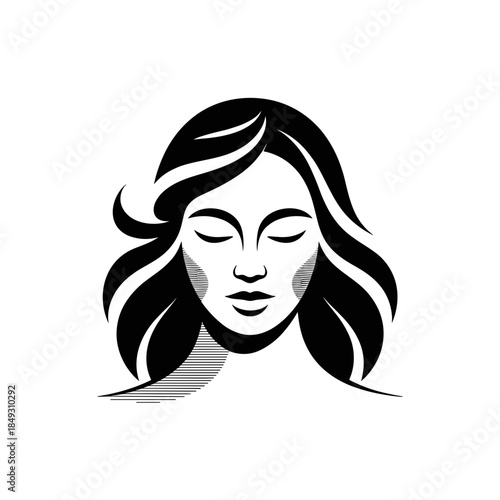 Black And White Flat Style Vector Illustration of A Woman With Flowing Hair