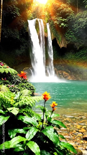 Waterfall cascading into a turquoise pool surrounded by lush greenery and vibrant flowers sunlight shining