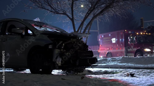 POV Close up. Nighttime scene of a damaged car after a crash, resting on a snowy roadside with emergency vehicles. Flashing red and blue lights illuminate the wrecked vehicle