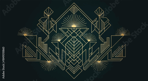 Elegant Gold Art Deco Geometric Line Art Background on Dark Green Canvas