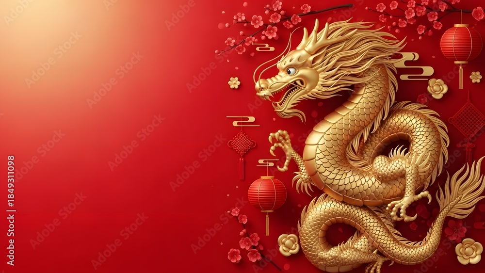 Obraz premium Golden dragon on red background with lanterns and chinese new year decorations