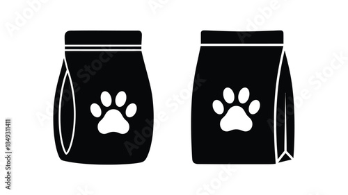 Two black pet food bag silhouettes with paw prints a simple design silhouette