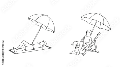 Relaxing beach scene with sunbathers and umbrellas a striking silhouette