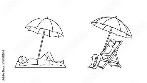 Relaxing beach scene with parasols and sunbathers a simple illustration silhouette