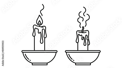 Two burning candles in bowls a simple black and white illustration silhouette