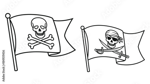 Two pirate flags with skull and crossbones imagery black and white silhouette
