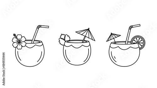 Tropical coconut drinks with floral and fruit garnishes a black silhouette