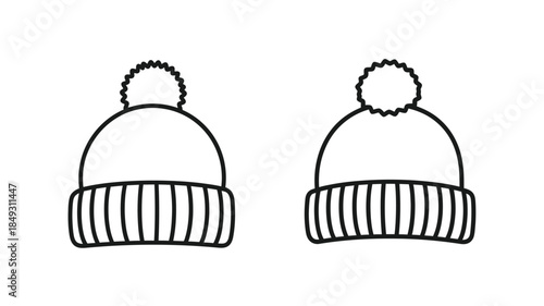 Two winter beanies in a simple black and white outline silhouette