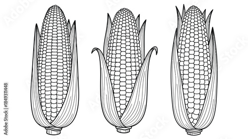 Three corn cobs displayed with detailed sketching a striking silhouette