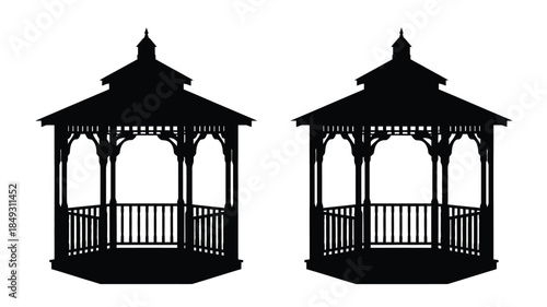 Two ornate gazebo structures depicted in a stark black silhouette