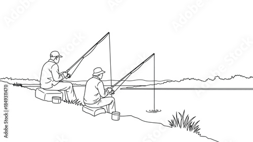 Two fishermen sitting on buckets by a river a striking silhouette