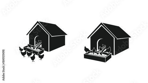 Two birdhouses with chickens feeding below in a striking silhouette