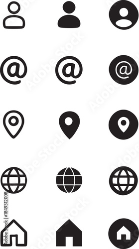 Collection of essential contact icons including user email location and home symbols presented in outline and filled styles for web and app design