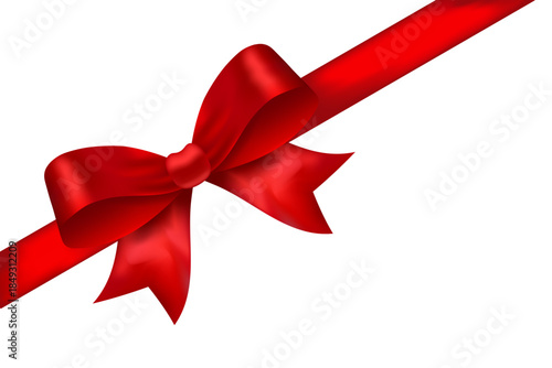 Red satin diagonal ribbon with glossy bow for top left corner, decorative accent vector element for gift wrapping, packaging and festive design
