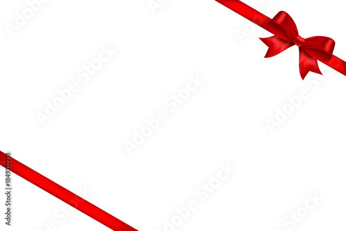 Red satin ribbon frame with shiny bow in top right corner, decorative vector element for romantic cards, invitations, wedding announcements and festive design