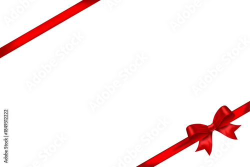 Red satin ribbon frame with shiny bow in bottom right corner, decorative vector element for digital banners, promotional layouts, sales and festive headers