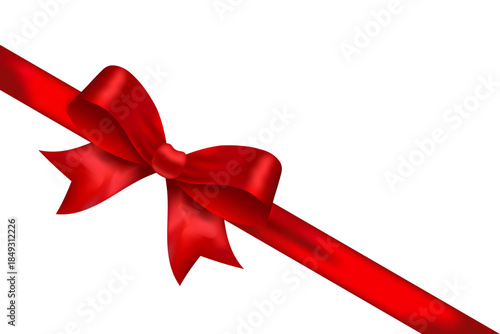 Red satin diagonal ribbon with glossy bow for bottom left corner, decorative vector element for sales, promotions, discounts and festive design accents