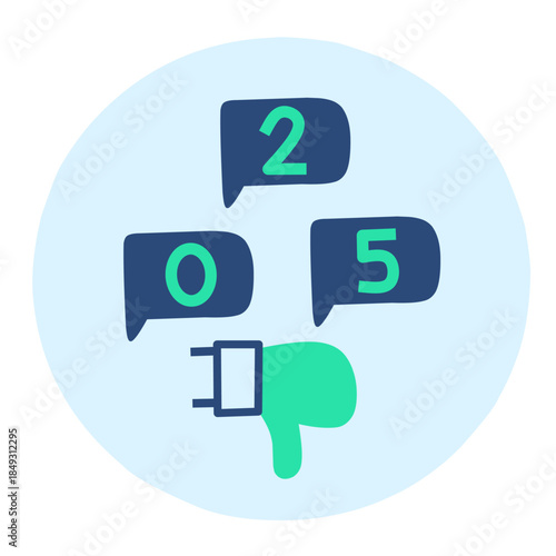 Flat style illustration icon of a thumbs down symbol with chat bubbles showing numbers in blue and green colors representing customer feedback, rating, and user response concept