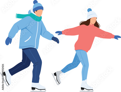 Cartoon people ice skating in winter outfits, seasonal activity with motion and cozy clothing, flat vector illustration