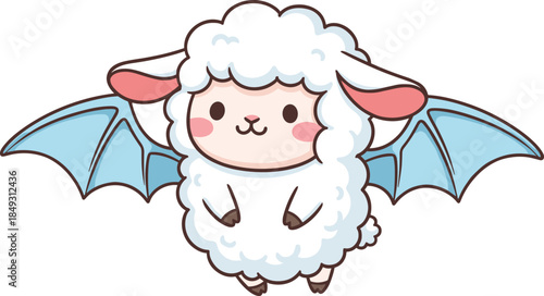Cartoon sheep-bat hybrid character, cute fluffy creature with wings and pink cheeks, flat vector illustration