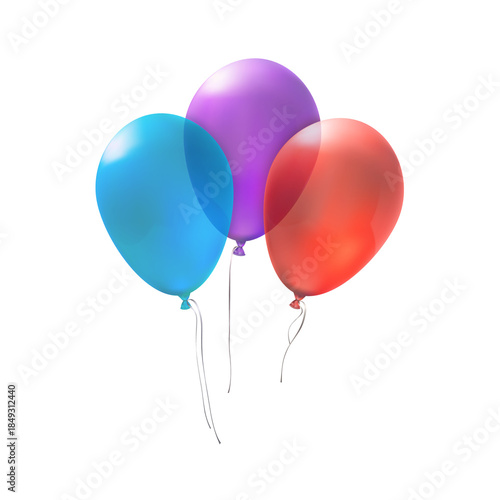 A vibrant bunch of red and yellow helium balloons with strings creates a happy birthday celebration atmosphere, featuring colorful rubber toy decorations isolated on white for a fun holiday party illu
