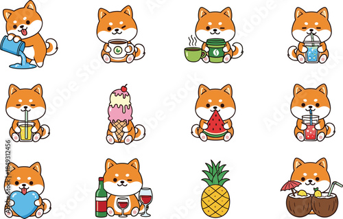 Cartoon Shiba Inu dog with drinks, desserts, and snacks, playful food character set, flat vector illustration