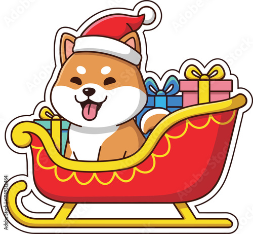Cartoon Shiba Inu in Christmas sleigh with presents, festive holiday scene and Santa hat, flat vector illustration