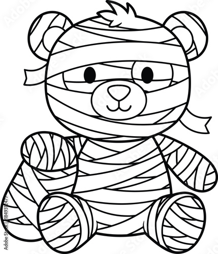 Cartoon teddy bear wrapped in mummy bandages, cute Halloween character, flat vector illustration