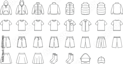 Clothing and accessories line drawing grid, hoodies, shirts, pants, skirts, socks, bag, cap, fashion sketch, flat vector illustration