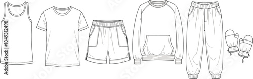 Clothing lineup front view, tank top, t-shirt, shorts, sweatshirt, sweatpants, mittens, flat vector illustration