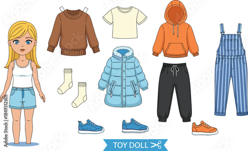 Paper doll with cut-out clothing and accessories, dress-up activity for kids, flat vector illustration