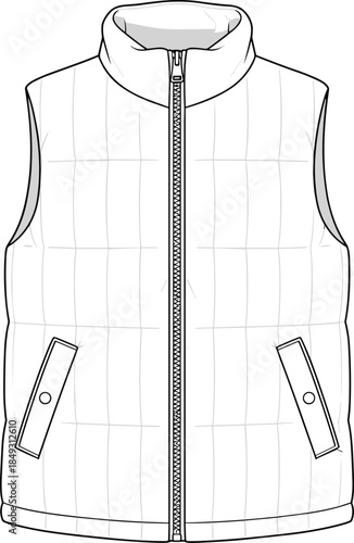 Quilted vest technical sketch front view, high collar, flap pockets, grid stitching, sleeveless outerwear design, flat vector illustration