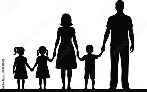 Silhouette of family holding hands, parents and children in unity, flat vector illustration