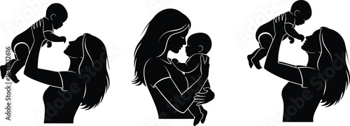 Silhouette woman holding baby, tender motherhood moments, loving embrace and playful lift, flat vector illustration