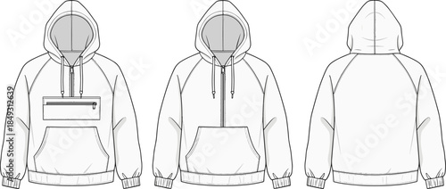 Technical flat sketch hoodie front and back, raglan sleeves, kangaroo pocket, zip chest pocket, fashion design template, flat vector illustration