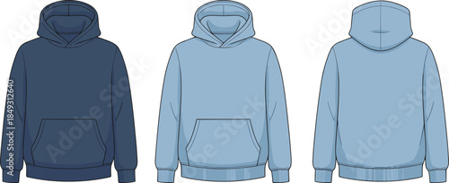 Three hoodie illustrations front and back view, dark and light blue, ribbed cuffs, pocket detail, fashion asset, flat vector illustration