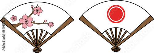 Traditional Japanese folding fans with cherry blossoms and red sun disc, cultural icon set, flat vector illustration