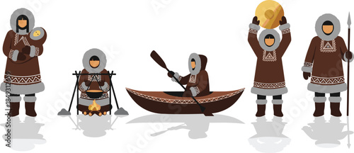 Traditional Inuit people in cultural activities with kayak, drum, spear, and fire cooking, flat vector illustration