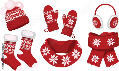Winter accessories set in red with white patterns, festive hat, mittens, scarf, socks, flat vector illustration