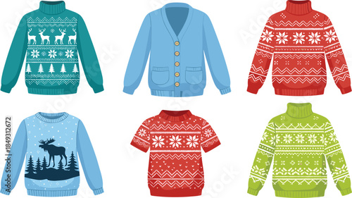 Winter and holiday sweater collection, festive knitwear with snowflakes, reindeer, moose, and patterns, flat vector illustration