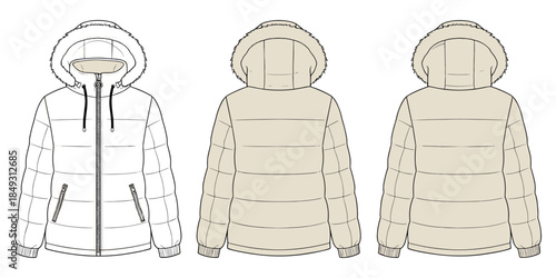 Winter jacket front and back view, hooded coat with fur trim, quilted design, fashion garment, flat vector illustration