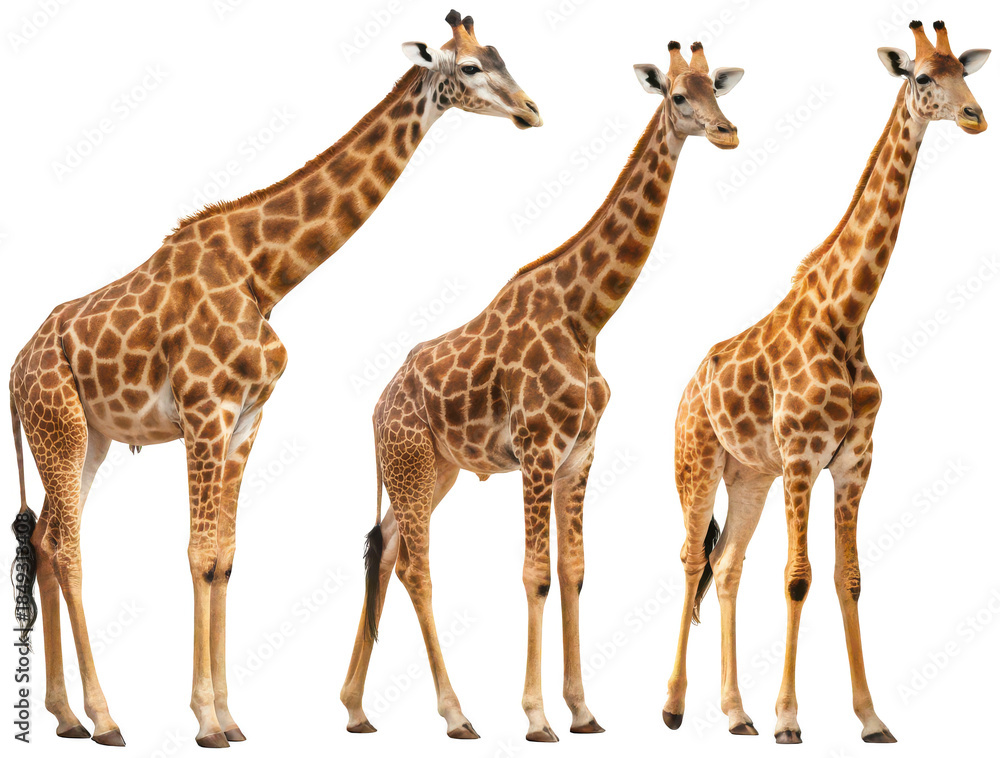 Fototapeta premium Three lifelike and photorealistic giraffes, rendered with intricate detail of their brown and tan spotted coats and long necks, standing gracefully on their, isolated on transparent background.