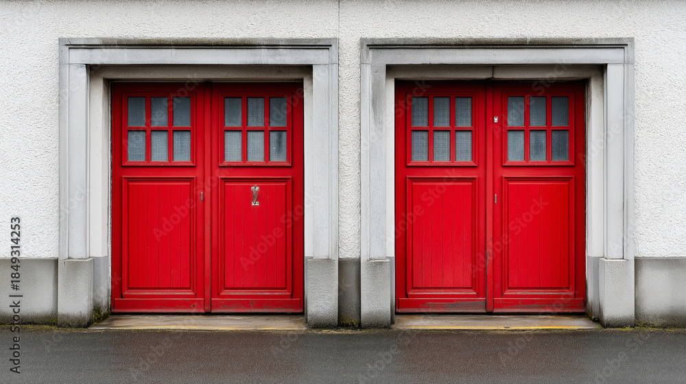 Fototapeta premium Fire station facade with two bold red doors framed by stone. Building architecture symbolizing emergency, protection, and response